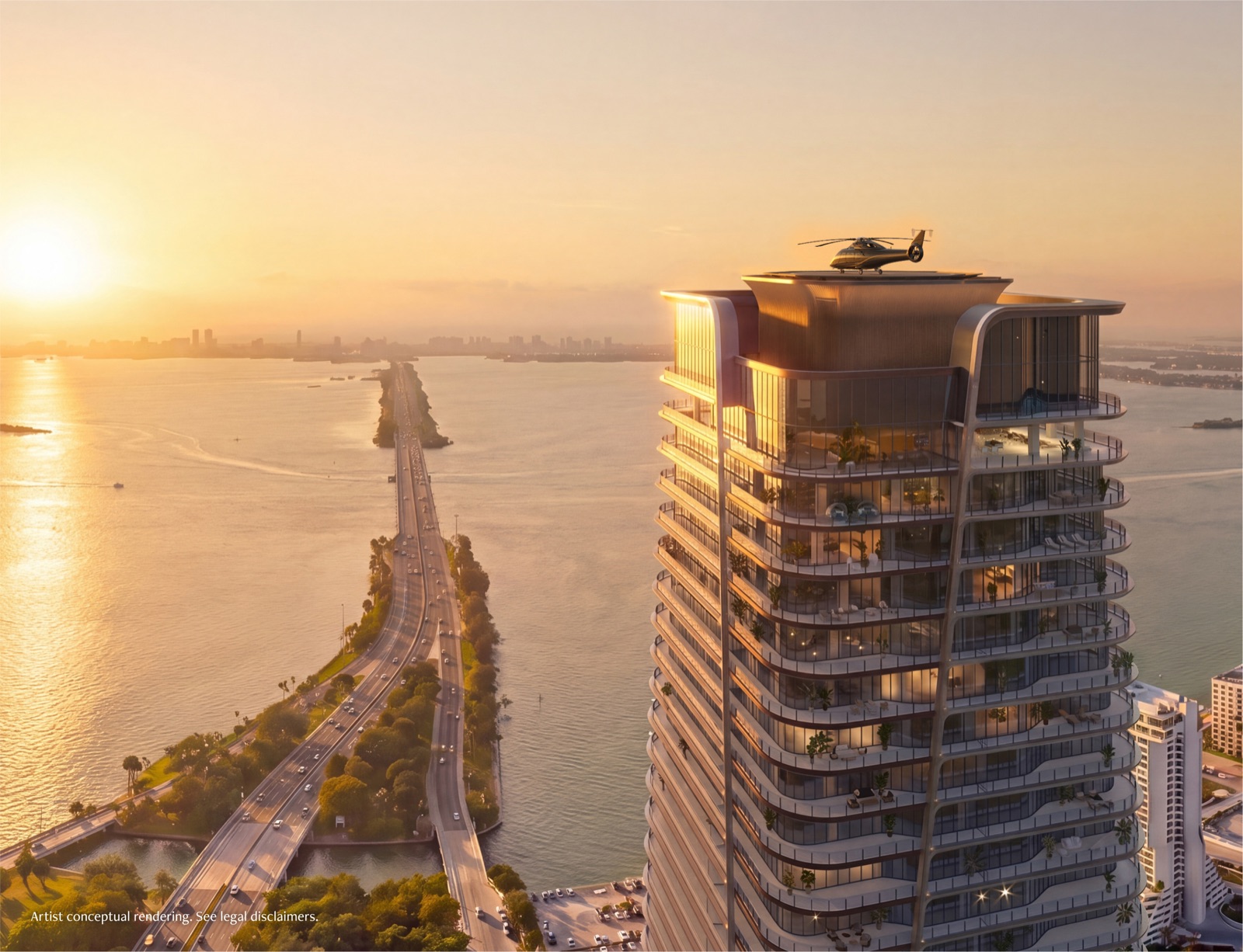 The crown of Anantara Residences Miami at golden hour — deeply planted curved terraces and a private rooftop helipad above Biscayne Bay, with the causeway stretching toward Miami Beach.