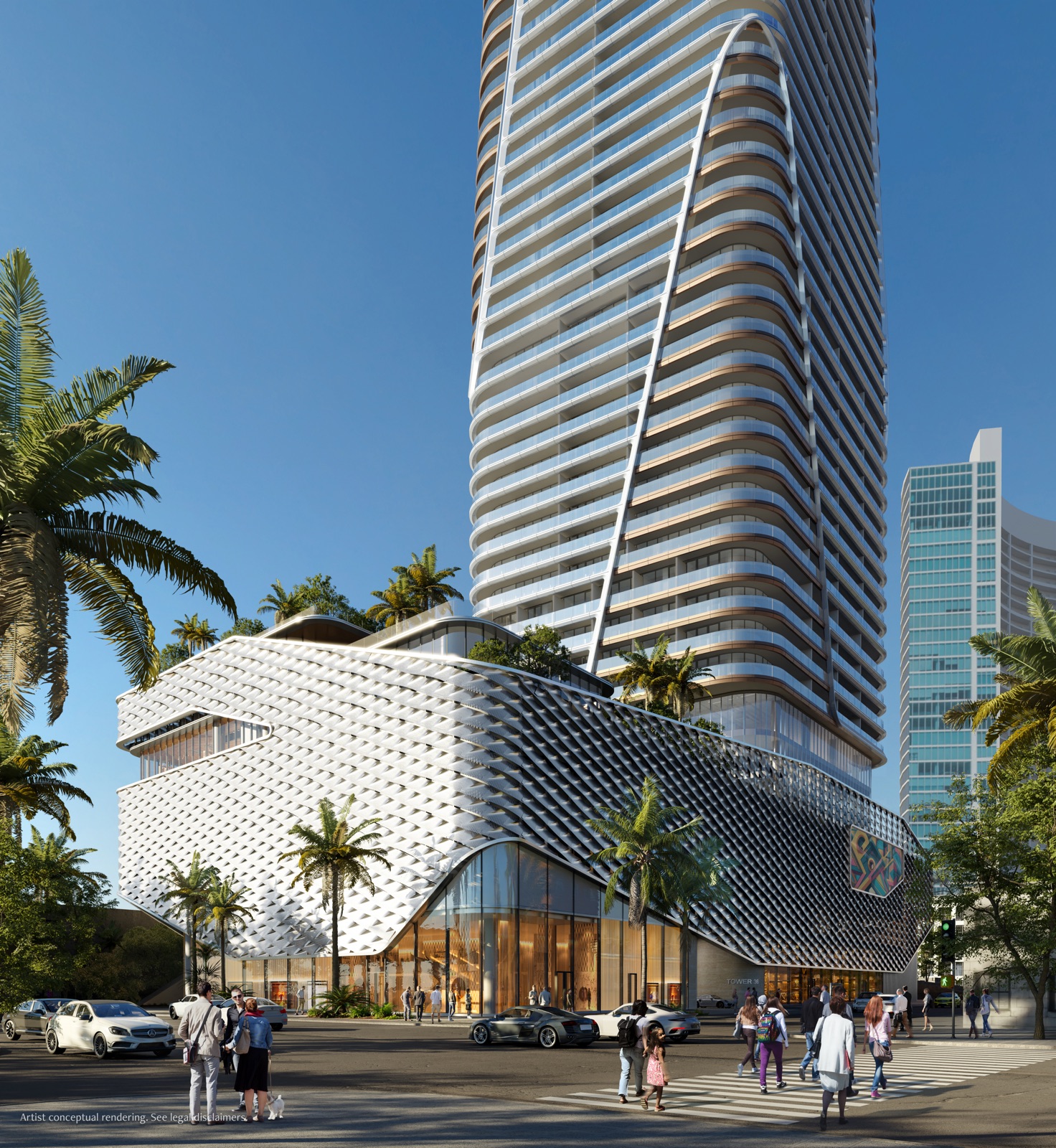 Anantara Residences Miami seen from Biscayne Bay — a slender sculptural tower with curved glass balconies above a lattice-clad amenity podium, framed by palms and waterfront greenery in Edgewater.