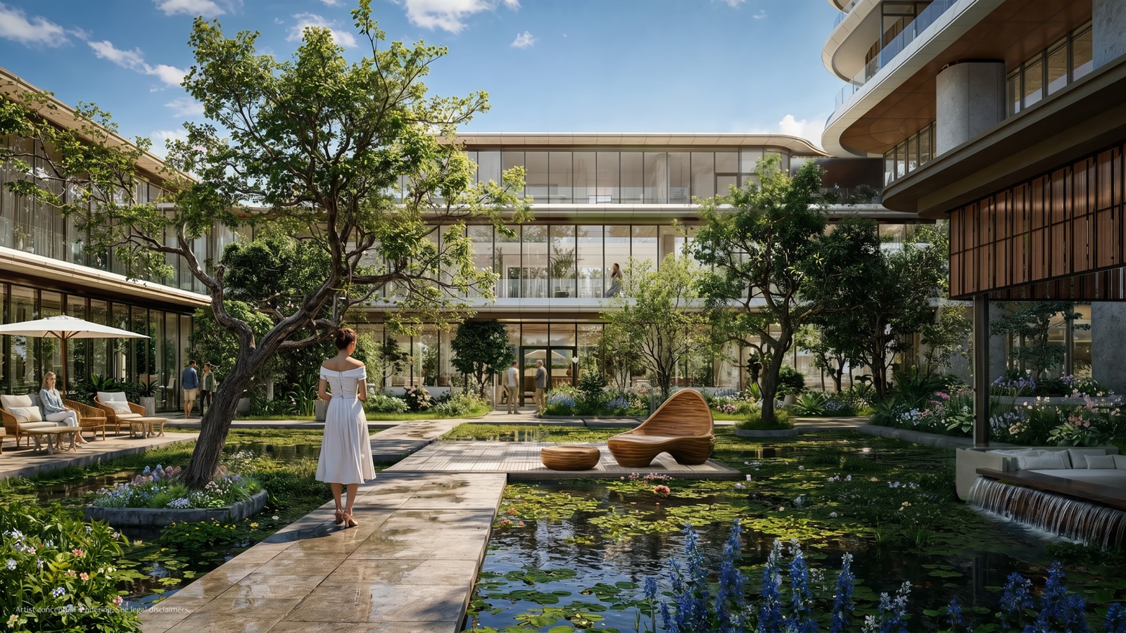 The landscaped amenity gardens at Anantara Residences Miami — meandering water features, lush tropical planting, and shaded pavilions designed in a distinctly Thai sensibility.