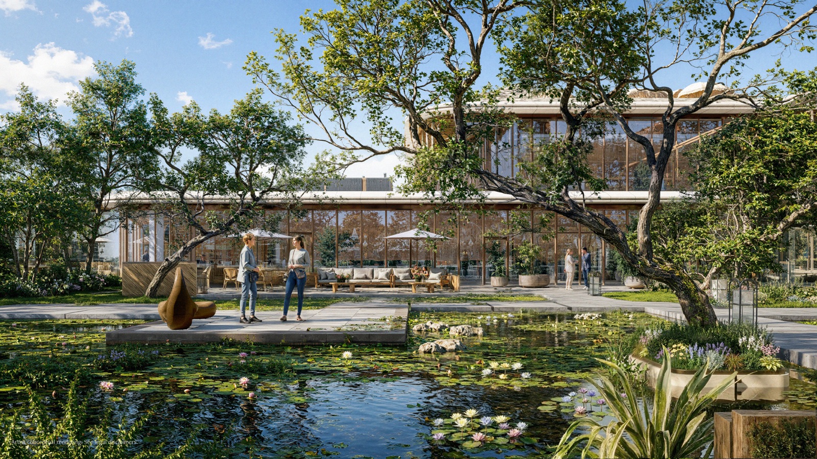 The Thai-inspired garden at Anantara Residences Miami — a tranquil lily pond with sculptural seating beneath spreading trees, an open-air pavilion, and residents pausing along a stone walkway.
