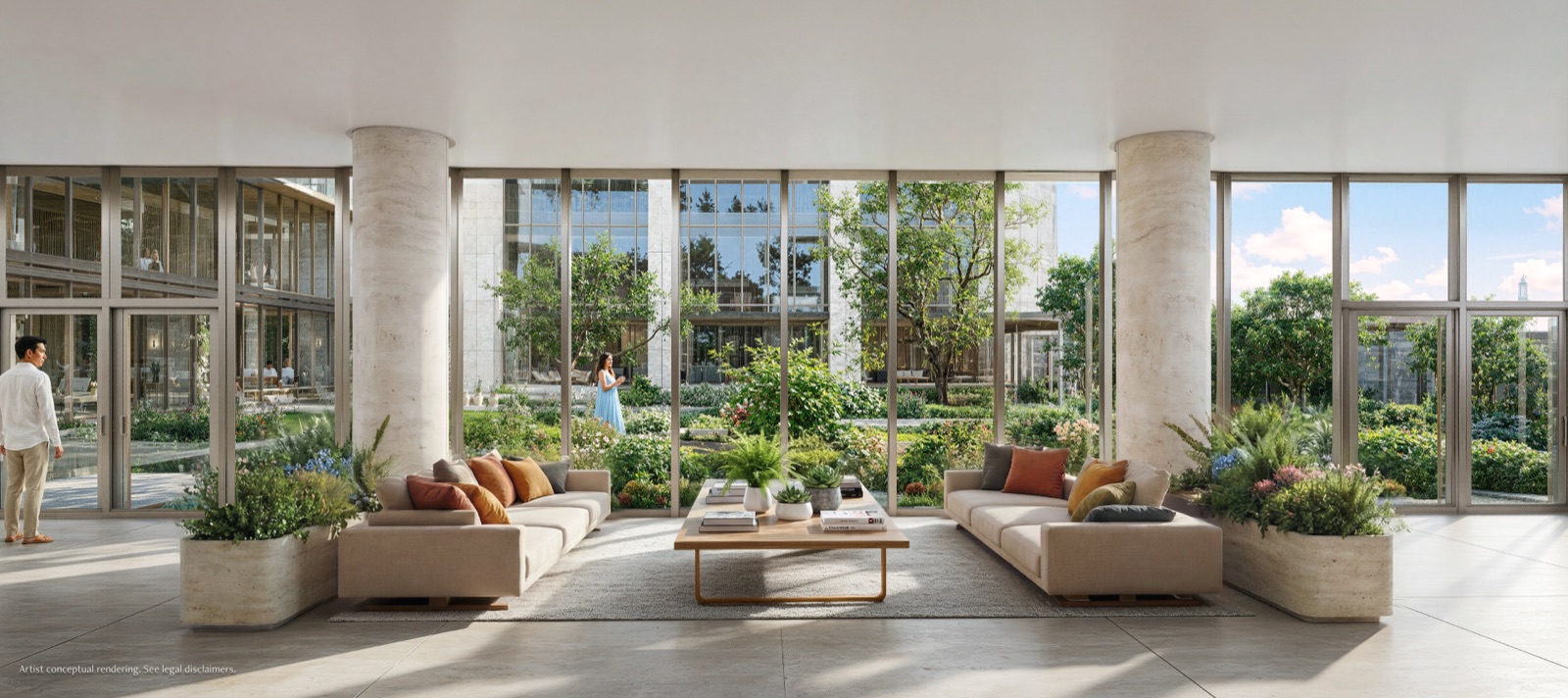 The light-filled residential lobby lounge at Anantara Residences Miami — travertine columns, linen sofas with terracotta and ochre cushions, and floor-to-ceiling glass opening onto a lush Thai-inspired garden.
