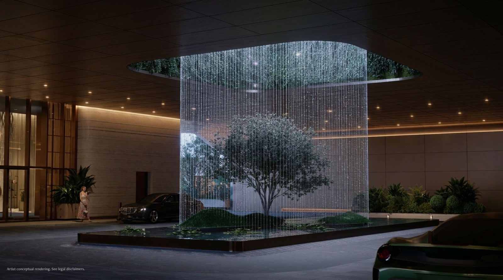 The lattice-screened arrival and motor court at Anantara Residences Miami, its precision-crafted metal facade translating the geometry of the palm into a surface that shifts with Miami's light.